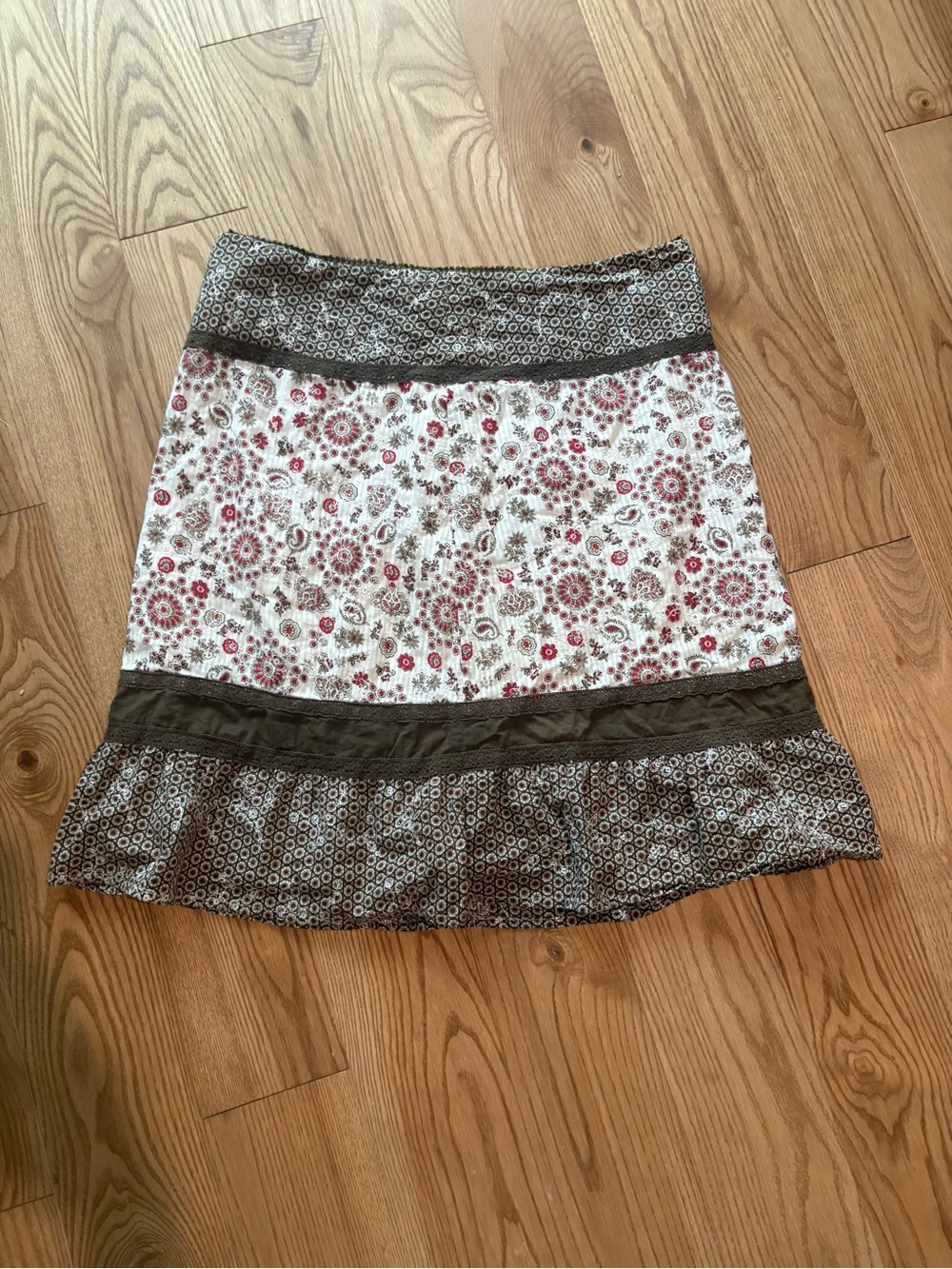 Floral Midi Skirt in Cream and Olive/Brown